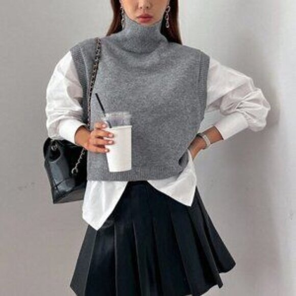 . Jackets & Blazers - Grey Casual Womens Turtleneck Split Hem Sweater Vest